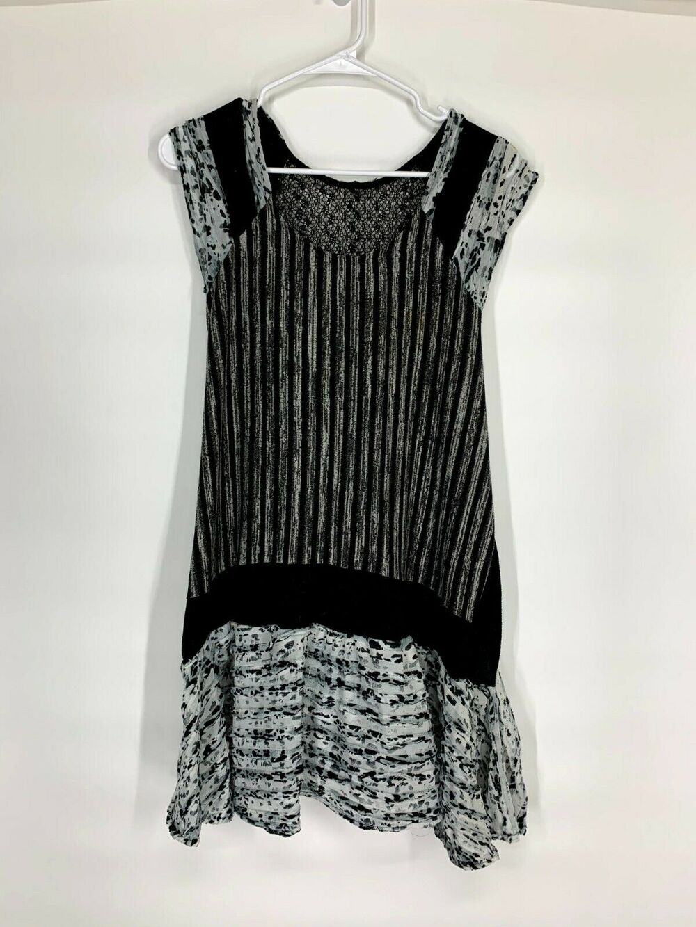 Mixed Media Gray Black Striped Mini A-Line Ruffle Crochet Knit Dress